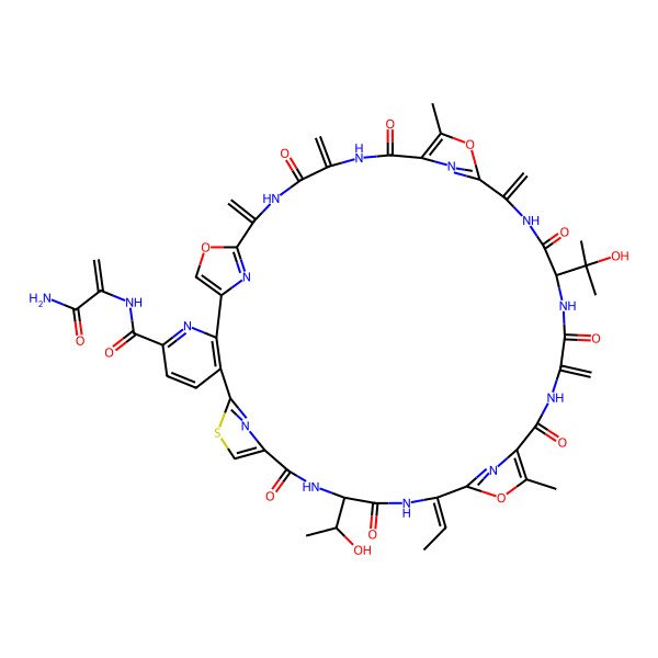 2D Structure of N-(3-amino-3-oxoprop-1-en-2-yl)-17-ethylidene-14-(1-hydroxyethyl)-27-(2-hydroxypropan-2-yl)-20,33-dimethyl-24,30,37,40-tetramethylidene-12,15,22,25,28,35,38-heptaoxo-19,32,42-trioxa-9-thia-3,13,16,23,26,29,36,39,44,45,46,47-dodecazahexacyclo[39.2.1.18,11.118,21.131,34.02,7]heptatetraconta-1(43),2(7),3,5,8(47),10,18(46),20,31(45),33,41(44)-undecaene-4-carboxamide