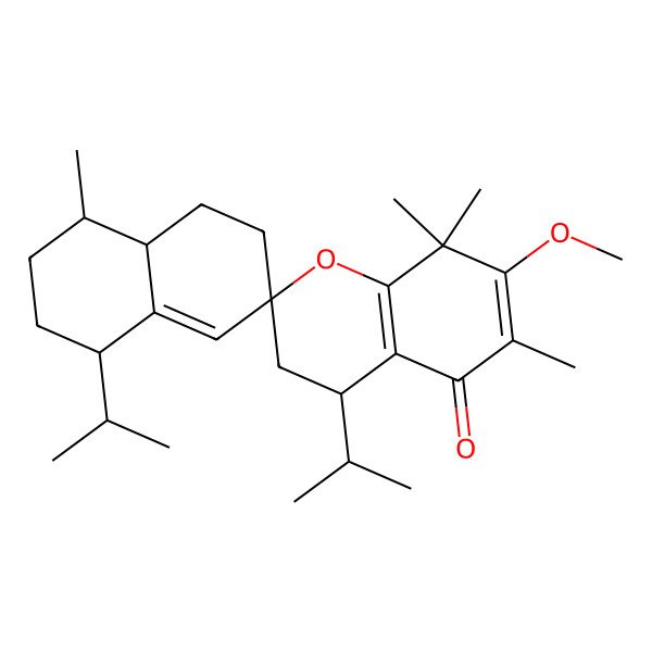 2D Structure of (1S,4R,4'R,4aR,7R)-7'-methoxy-4,6',8',8'-tetramethyl-1,4'-di(propan-2-yl)spiro[2,3,4,4a,5,6-hexahydro-1H-naphthalene-7,2'-3,4-dihydrochromene]-5'-one