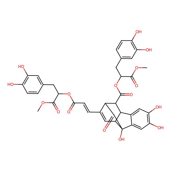 2D Structure of [3-(3,4-dihydroxyphenyl)-1-methoxy-1-oxopropan-2-yl] 11-[(E)-3-[3-(3,4-dihydroxyphenyl)-1-methoxy-1-oxopropan-2-yl]oxy-3-oxoprop-1-enyl]-1,4,5-trihydroxy-14-oxotetracyclo[8.3.1.02,7.08,13]tetradeca-2,4,6,11-tetraene-9-carboxylate