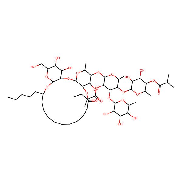 2D Structure of [5-[3,4-Dihydroxy-6-methyl-5-(2-methylpropanoyloxy)oxan-2-yl]oxy-6-methyl-2-[[7,25,26-trihydroxy-24-(hydroxymethyl)-5-methyl-10-oxo-20-pentyl-2,4,9,21,23-pentaoxatricyclo[20.4.0.03,8]hexacosan-6-yl]oxy]-4-(3,4,5-trihydroxy-6-methyloxan-2-yl)oxyoxan-3-yl] 2-methylbutanoate