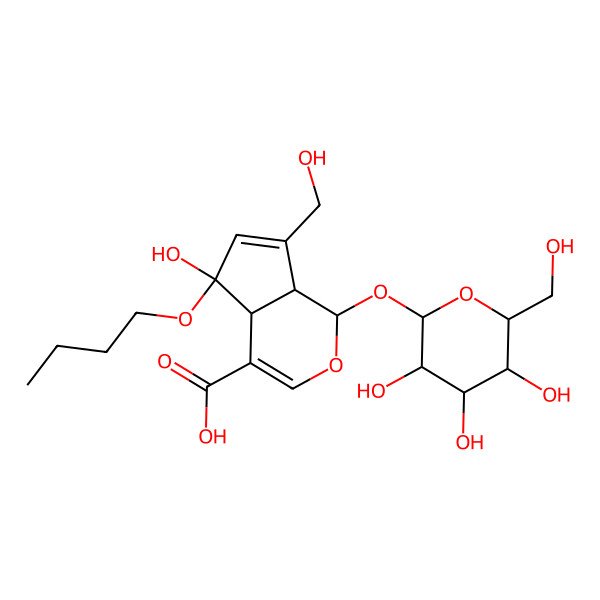 2D Structure of 5-butoxy-5-hydroxy-7-(hydroxymethyl)-1-[3,4,5-trihydroxy-6-(hydroxymethyl)oxan-2-yl]oxy-4a,7a-dihydro-1H-cyclopenta[c]pyran-4-carboxylic acid