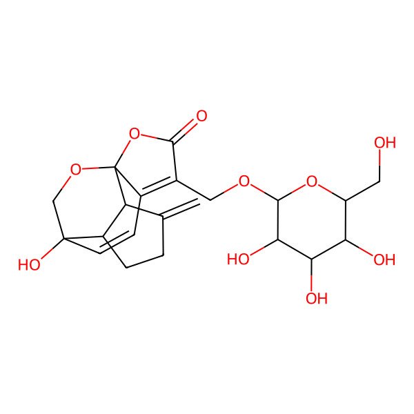 2D Structure of 8-Hydroxy-12-methylidene-4-[[3,4,5-trihydroxy-6-(hydroxymethyl)oxan-2-yl]oxymethyl]-2,14-dioxatetracyclo[6.5.2.01,5.09,13]pentadeca-4,6-dien-3-one