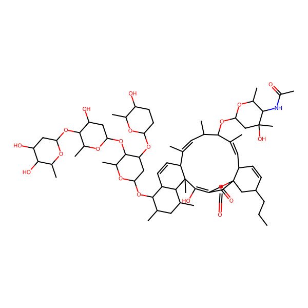 2D Structure of N-[(2S,3S,4S,6R)-6-[[(1S,3R,6S,7E,9S,13S,16S,17S,18S,20S,21R,22S,23Z)-17-[(2S,5R,6R)-5-[(2R,4R,5S,6R)-5-[(2R,4R,5S,6R)-4,5-dihydroxy-6-methyloxan-2-yl]oxy-4-hydroxy-6-methyloxan-2-yl]oxy-4-[(2S,5S,6R)-5-hydroxy-6-methyloxan-2-yl]oxy-6-methyloxan-2-yl]oxy-23-hydroxy-8,10,12,18,20,22-hexamethyl-25,27-dioxo-3-propyl-26-oxapentacyclo[22.2.1.01,6.013,22.016,21]heptacosa-4,7,11,14,23-pentaen-9-yl]oxy]-4-hydroxy-2,4-dimethyloxan-3-yl]acetamide
