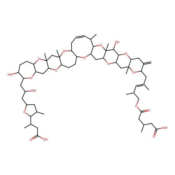 2D Structure of 5-[5-[35-[3-[5-(1-Carboxypropan-2-yl)-4-methyloxolan-2-yl]-2-hydroxypropyl]-17,34-dihydroxy-9,18,21,27,29-pentamethyl-12-methylidene-2,6,10,15,19,26,30,36,40-nonaoxanonacyclo[23.18.0.03,20.05,18.07,16.09,14.027,41.029,39.031,37]tritetracont-22-en-11-yl]-2,4-dimethylpent-3-enoxy]-3-methyl-5-oxopentanoic acid