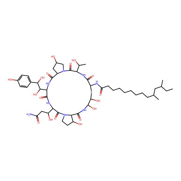 2D Structure of (10R,12S)-N-[(3S,6S,9S,11R,15S,18R,20R,21R,24S,25S)-3-[(1R)-3-amino-1-hydroxy-3-oxopropyl]-6-[(1S,2S)-1,2-dihydroxy-2-(4-hydroxyphenyl)ethyl]-11,20,21,25-tetrahydroxy-15-[(1R)-1-hydroxyethyl]-2,5,8,14,17,23-hexaoxo-1,4,7,13,16,22-hexazatricyclo[22.3.0.09,13]heptacosan-18-yl]-10,12-dimethyltetradecanamide