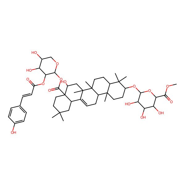 2D Structure of Methyl 6-[[8a-[4,5-dihydroxy-3-[3-(4-hydroxyphenyl)prop-2-enoyloxy]oxan-2-yl]oxycarbonyl-8-hydroxy-4,4,6a,6b,11,11,14b-heptamethyl-1,2,3,4a,5,6,7,8,9,10,12,12a,14,14a-tetradecahydropicen-3-yl]oxy]-3,4,5-trihydroxyoxane-2-carboxylate