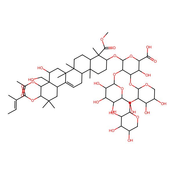 2D Structure of (2S,3S,4S,5R,6S)-6-[[(3S,4S,4aR,6aR,6bS,8R,8aR,9R,10R,12aS,14aR,14bR)-9-acetyloxy-8-hydroxy-8a-(hydroxymethyl)-4-methoxycarbonyl-4,6a,6b,11,11,14b-hexamethyl-10-[(Z)-2-methylbut-2-enoyl]oxy-1,2,3,4a,5,6,7,8,9,10,12,12a,14,14a-tetradecahydropicen-3-yl]oxy]-4-[(2S,3R,4S,5S)-4,5-dihydroxy-3-[(2S,3R,4S,5R)-3,4,5-trihydroxyoxan-2-yl]oxyoxan-2-yl]oxy-3-hydroxy-5-[(2S,3R,4S,5S,6R)-3,4,5-trihydroxy-6-(hydroxymethyl)oxan-2-yl]oxyoxane-2-carboxylic acid