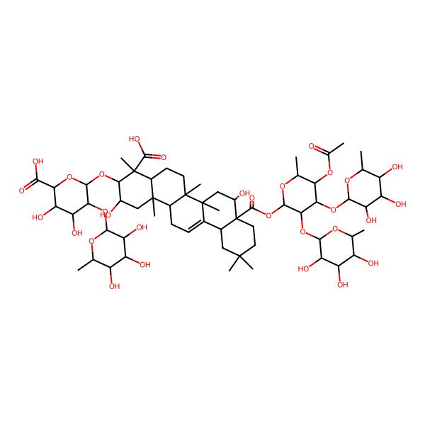 2D Structure of (2S,3S,4S,5R,6R)-6-[[(2S,3R,4S,4aR,6aR,6bS,8R,8aR,12aS,14aR,14bR)-8a-[(2S,3R,4S,5S,6R)-5-acetyloxy-6-methyl-4-[(2S,3R,4R,5R,6S)-3,4,5-trihydroxy-6-methyloxan-2-yl]oxy-3-[(2S,3R,4R,5R,6R)-3,4,5-trihydroxy-6-methyloxan-2-yl]oxyoxan-2-yl]oxycarbonyl-4-carboxy-2,8-dihydroxy-4,6a,6b,11,11,14b-hexamethyl-1,2,3,4a,5,6,7,8,9,10,12,12a,14,14a-tetradecahydropicen-3-yl]oxy]-3,4-dihydroxy-5-[(2S,3R,4R,5R,6S)-3,4,5-trihydroxy-6-methyloxan-2-yl]oxyoxane-2-carboxylic acid