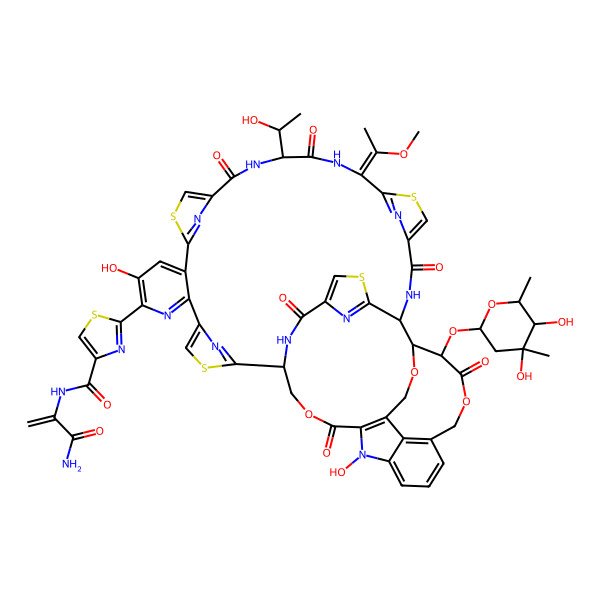 2D Structure of N-(3-amino-3-oxoprop-1-en-2-yl)-2-[30-(4,5-dihydroxy-4,6-dimethyloxan-2-yl)oxy-9,52-dihydroxy-18-(1-hydroxyethyl)-21-(1-methoxyethylidene)-16,19,26,31,42,46-hexaoxo-32,43,54-trioxa-3,13,23,49-tetrathia-7,17,20,27,45,51,52,55,56,57-decazadecacyclo[26.16.6.229,40.12,5.112,15.122,25.138,41.147,50.06,11.034,39]heptapentaconta-2(57),4,6,8,10,12(56),14,22(55),24,34(39),35,37,40,47,50-pentadecaen-8-yl]-1,3-thiazole-4-carboxamide