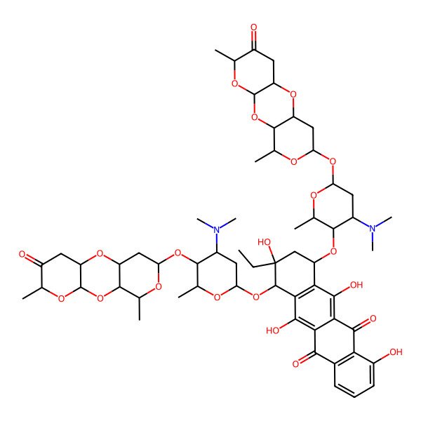 2D Structure of 5,12-Naphthacenedione, 7,10-bis(((2''',3''-anhydro)-O-3,6-dideoxy-alpha-L-erythro-hexopyranos-4-ulosyl-(1-4)-O-2,6-dideoxy-alpha-L-lyxo-hexopyranosyl-(1-4)-2,3,6-trideoxy-3-(dimethylamino)-alpha-L-lyxo-hexopyranosyl)oxy)-8-ethyl-7,8,9,10-tetrahydro-1,6,8,11-tetrahydroxy-, (7R-(7-alpha,8-beta,10-beta))-