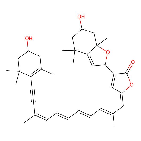 2D Structure of (5Z)-3-[(2R,6S,7aR)-6-hydroxy-4,4,7a-trimethyl-2,5,6,7-tetrahydro-1-benzofuran-2-yl]-5-[(2E,4E,6E,8E)-11-[(4R)-4-hydroxy-2,6,6-trimethylcyclohexen-1-yl]-2,9-dimethylundeca-2,4,6,8-tetraen-10-ynylidene]furan-2-one