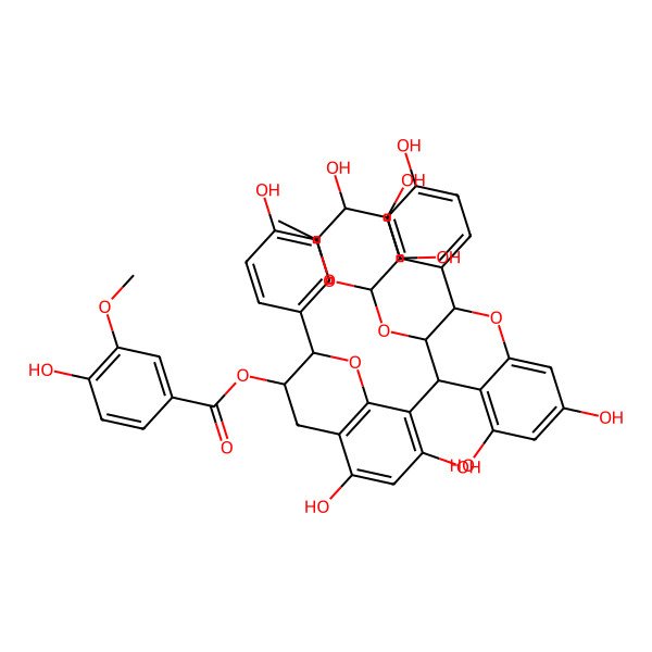 2D Structure of [(2R)-8-[(2R,4S)-5,7-dihydroxy-2-(4-hydroxyphenyl)-3-[(2S,3R,4R,5R,6S)-3,4,5-trihydroxy-6-methyloxan-2-yl]oxy-3,4-dihydro-2H-chromen-4-yl]-5,7-dihydroxy-2-(4-hydroxyphenyl)-3,4-dihydro-2H-chromen-3-yl] 4-hydroxy-3-methoxybenzoate