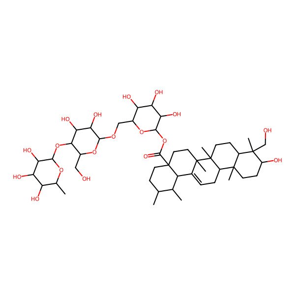 2D Structure of [(2S,3R,4S,5S,6R)-6-[[(2R,3R,4S,5S,6R)-3,4-dihydroxy-6-(hydroxymethyl)-5-[(2S,3R,4R,5R,6S)-3,4,5-trihydroxy-6-methyloxan-2-yl]oxyoxan-2-yl]oxymethyl]-3,4,5-trihydroxyoxan-2-yl] (1S,2R,4aS,6aR,6aS,6bR,8aR,9R,10S,12aS,14bS)-10-hydroxy-9-(hydroxymethyl)-1,2,6a,6b,9,12a-hexamethyl-2,3,4,5,6,6a,7,8,8a,10,11,12,13,14b-tetradecahydro-1H-picene-4a-carboxylate