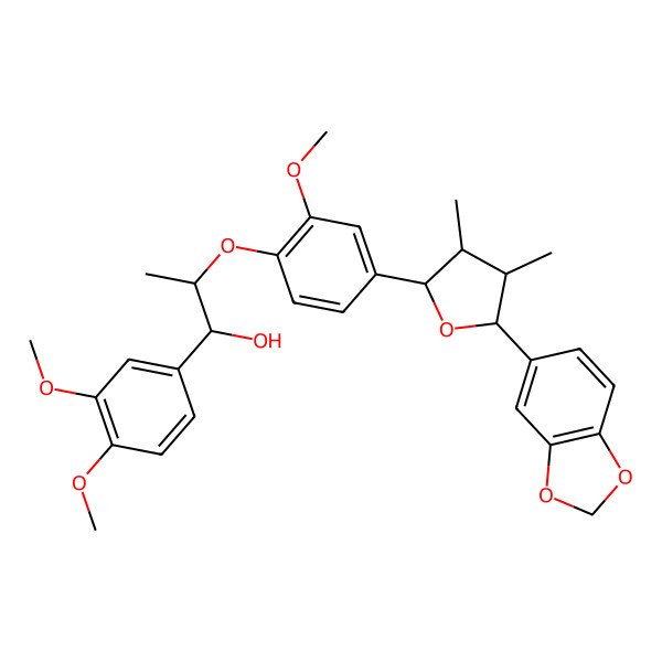 2D Structure of 2-[4-[5-(1,3-Benzodioxol-5-yl)-3,4-dimethyloxolan-2-yl]-2-methoxyphenoxy]-1-(3,4-dimethoxyphenyl)propan-1-ol