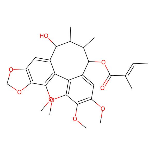 2D Structure of (11-Hydroxy-3,4,5,19-tetramethoxy-9,10-dimethyl-15,17-dioxatetracyclo[10.7.0.02,7.014,18]nonadeca-1(19),2,4,6,12,14(18)-hexaen-8-yl) 2-methylbut-2-enoate