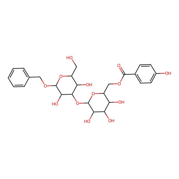 2D Structure of [(3S,5S,6S)-6-[(3R,5S,6R)-3,5-dihydroxy-2-(hydroxymethyl)-6-phenylmethoxyoxan-4-yl]oxy-3,4,5-trihydroxyoxan-2-yl]methyl 4-hydroxybenzoate
