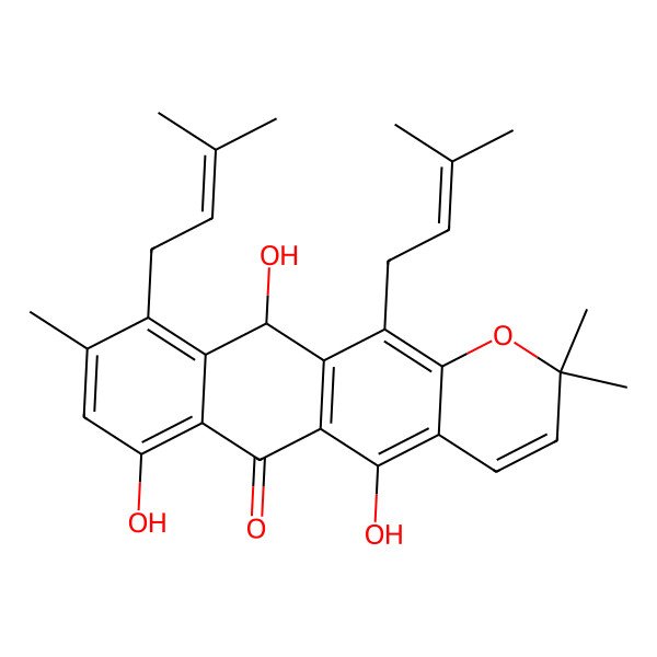 2D Structure of (11R)-5,7,11-trihydroxy-2,2,9-trimethyl-10,12-bis(3-methylbut-2-enyl)-11H-naphtho[2,3-g]chromen-6-one