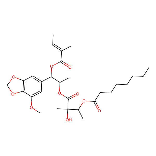 2D Structure of [3-Hydroxy-4-[1-(7-methoxy-1,3-benzodioxol-5-yl)-1-(2-methylbut-2-enoyloxy)propan-2-yl]oxy-3-methyl-4-oxobutan-2-yl] octanoate