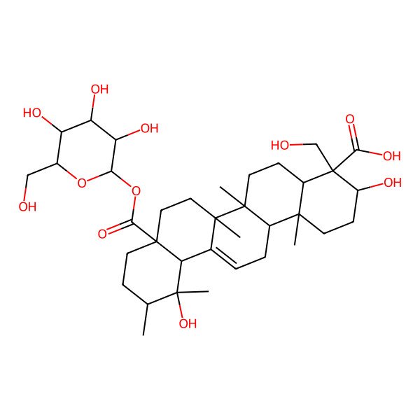 2D Structure of 3,12-Dihydroxy-4-(hydroxymethyl)-6a,6b,11,12,14b-pentamethyl-8a-[3,4,5-trihydroxy-6-(hydroxymethyl)oxan-2-yl]oxycarbonyl-1,2,3,4a,5,6,7,8,9,10,11,12a,14,14a-tetradecahydropicene-4-carboxylic acid