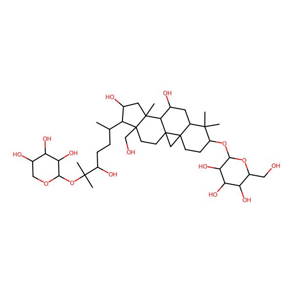 2D Structure of 2-[[10,14-Dihydroxy-16-(hydroxymethyl)-15-[5-hydroxy-6-methyl-6-(3,4,5-trihydroxyoxan-2-yl)oxyheptan-2-yl]-7,7,12-trimethyl-6-pentacyclo[9.7.0.01,3.03,8.012,16]octadecanyl]oxy]-6-(hydroxymethyl)oxane-3,4,5-triol