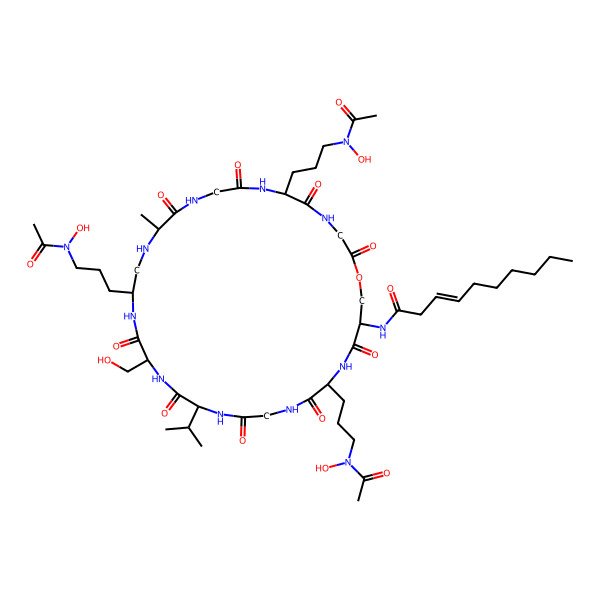 2D Structure of (Z)-N-[(12S,18S,21R,30S)-6,15,27-tris[3-[acetyl(hydroxy)amino]propyl]-18-(hydroxymethyl)-12-methyl-2,5,8,11,17,20,23,26,29-nonaoxo-21-propan-2-yl-1-oxa-4,7,10,13,16,19,22,25,28-nonazacyclohentriacont-30-yl]dec-3-enamide