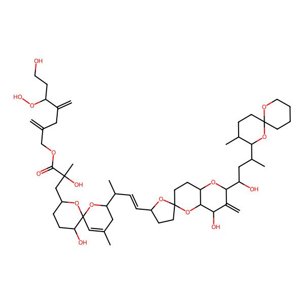 2D Structure of (5-hydroperoxy-7-hydroxy-2,4-dimethylideneheptyl) 2-hydroxy-3-[11-hydroxy-2-[4-[4-hydroxy-2-[1-hydroxy-3-(3-methyl-1,7-dioxaspiro[5.5]undecan-2-yl)butyl]-3-methylidenespiro[4a,7,8,8a-tetrahydro-4H-pyrano[3,2-b]pyran-6,5'-oxolane]-2'-yl]but-3-en-2-yl]-4-methyl-1,7-dioxaspiro[5.5]undec-4-en-8-yl]-2-methylpropanoate