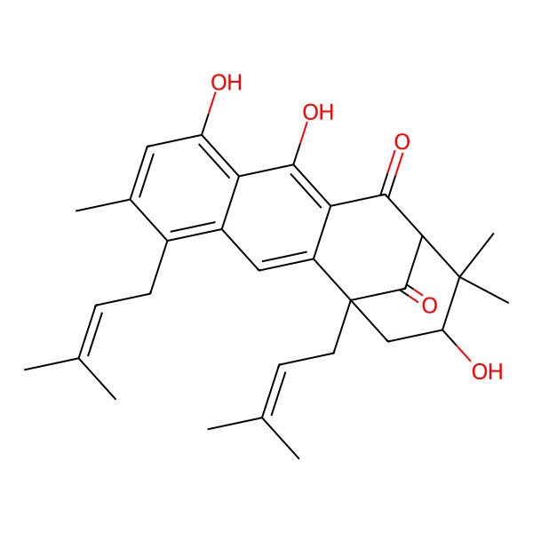 2D Structure of (1S,13S,15S)-8,10,15-trihydroxy-6,14,14-trimethyl-1,5-bis(3-methylbut-2-enyl)tetracyclo[11.3.1.02,11.04,9]heptadeca-2,4,6,8,10-pentaene-12,17-dione