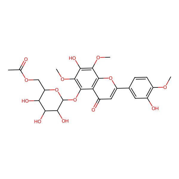 2D Structure of [(2R,4S,5R,6S)-3,4,5-trihydroxy-6-[7-hydroxy-2-(3-hydroxy-4-methoxyphenyl)-6,8-dimethoxy-4-oxochromen-5-yl]oxyoxan-2-yl]methyl acetate