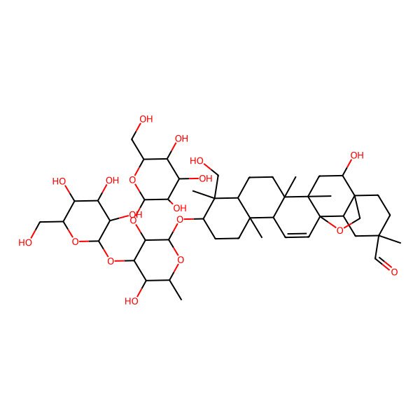 2D Structure of 2-Hydroxy-9-(hydroxymethyl)-10-[5-hydroxy-6-methyl-3,4-bis[[3,4,5-trihydroxy-6-(hydroxymethyl)oxan-2-yl]oxy]oxan-2-yl]oxy-4,5,9,13,20-pentamethyl-24-oxahexacyclo[15.5.2.01,18.04,17.05,14.08,13]tetracos-15-ene-20-carbaldehyde