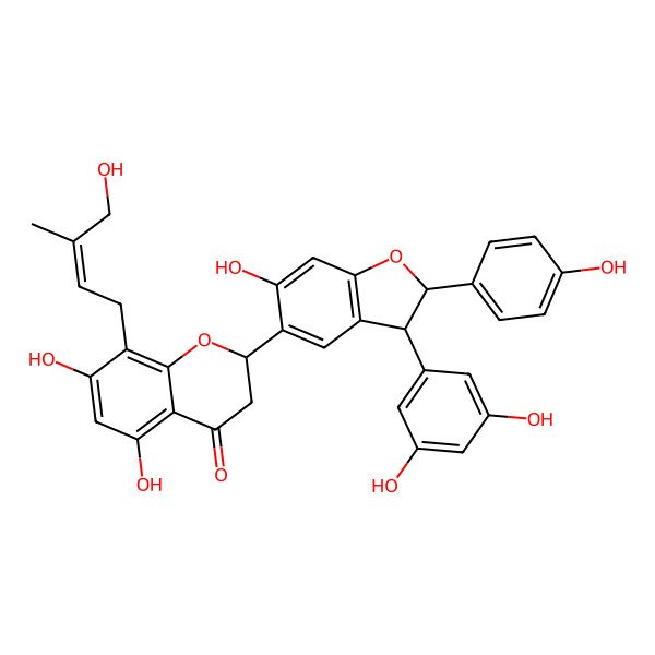 2D Structure of (2S)-2-[(2R,3R)-3-(3,5-dihydroxyphenyl)-6-hydroxy-2-(4-hydroxyphenyl)-2,3-dihydro-1-benzofuran-5-yl]-5,7-dihydroxy-8-[(E)-4-hydroxy-3-methylbut-2-enyl]-2,3-dihydrochromen-4-one