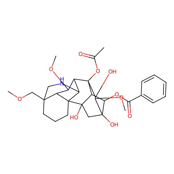 2D Structure of [(1R,2S,3S,4R,5R,6S,7S,8S,9R,10R,13S,17R,18R)-8-acetyloxy-2,5,7-trihydroxy-6,18-dimethoxy-13-(methoxymethyl)-11-azahexacyclo[7.7.2.12,5.01,10.03,8.013,17]nonadecan-4-yl] benzoate