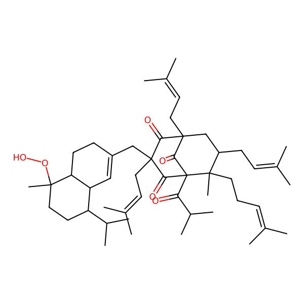 2D Structure of (1R,3R,5S,6R,7S)-3-[[(4aS,5R,8R,8aS)-5-hydroperoxy-5-methyl-8-propan-2-yl-4,4a,6,7,8,8a-hexahydro-3H-naphthalen-2-yl]methyl]-6-methyl-1,3,7-tris(3-methylbut-2-enyl)-6-(4-methylpent-3-enyl)-5-(2-methylpropanoyl)bicyclo[3.3.1]nonane-2,4,9-trione