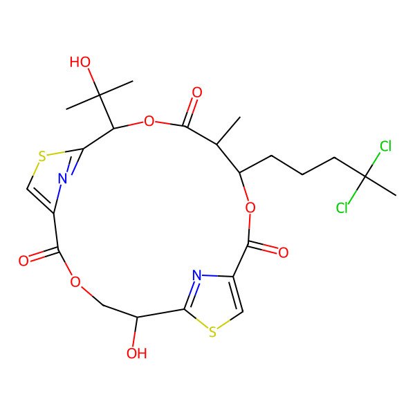 2D Structure of 12-(4,4-Dichloropentyl)-5-hydroxy-16-(2-hydroxypropan-2-yl)-13-methyl-3,11,15-trioxa-7,18-dithia-20,21-diazatricyclo[15.2.1.16,9]henicosa-1(19),6(21),8,17(20)-tetraene-2,10,14-trione