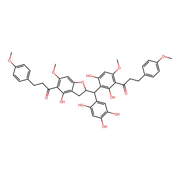 2D Structure of 1-[2,4-dihydroxy-3-[(R)-[(2S)-4-hydroxy-6-methoxy-5-[3-(4-methoxyphenyl)propanoyl]-2,3-dihydro-1-benzofuran-2-yl]-(2,4,5-trihydroxyphenyl)methyl]-6-methoxyphenyl]-3-(4-methoxyphenyl)propan-1-one