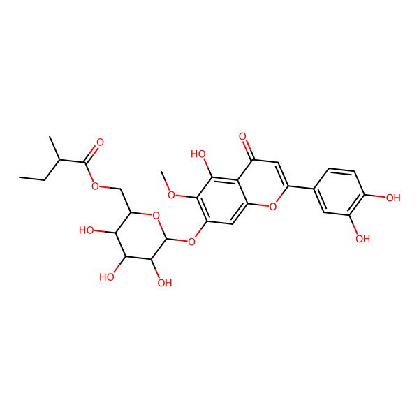 2D Structure of [(2R,3S,4S,5R,6S)-6-[2-(3,4-dihydroxyphenyl)-5-hydroxy-6-methoxy-4-oxochromen-7-yl]oxy-3,4,5-trihydroxyoxan-2-yl]methyl (2R)-2-methylbutanoate