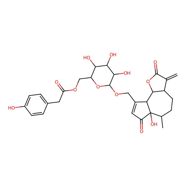 2D Structure of [(2R,3S,4S,5R,6R)-6-[[(3aS,6S,9aR,9bS)-6a-hydroxy-6-methyl-3-methylidene-2,7-dioxo-3a,4,5,6,9a,9b-hexahydroazuleno[8,7-b]furan-9-yl]methoxy]-3,4,5-trihydroxyoxan-2-yl]methyl 2-(4-hydroxyphenyl)acetate