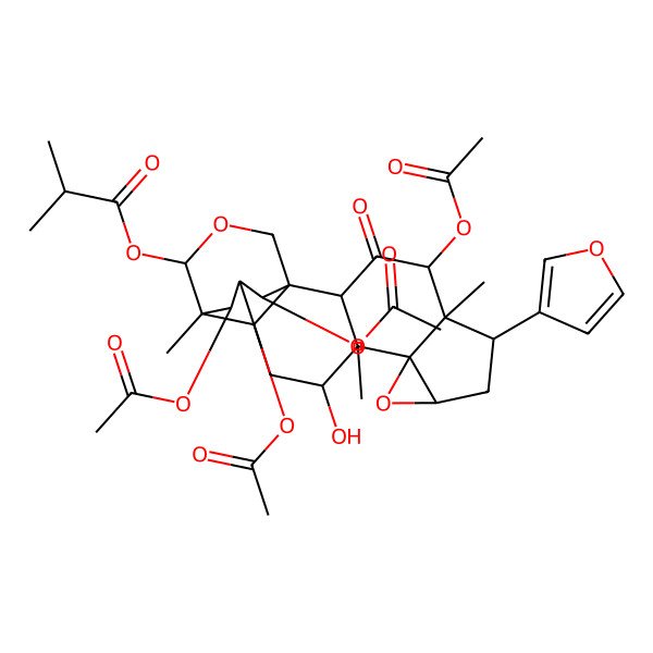 2D Structure of [(1S,2R,4R,5R,6S,8R,10S,11S,12R,14R,15S,19R,20R,21S)-4,19,20,21-tetraacetyloxy-6-(furan-3-yl)-12-hydroxy-5,11,15-trimethyl-3-oxo-9,17-dioxahexacyclo[13.3.3.01,14.02,11.05,10.08,10]henicosan-16-yl] 2-methylpropanoate