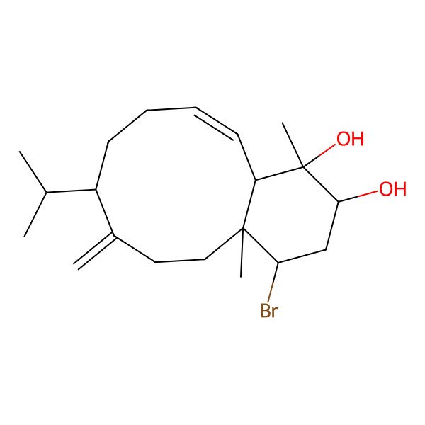 2D Structure of 4-bromo-1,4a-dimethyl-7-methylidene-8-propan-2-yl-3,4,5,6,8,9,10,12a-octahydro-2H-benzo[10]annulene-1,2-diol