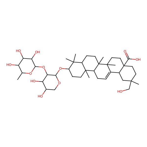 2D Structure of (2R,4aR,6aR,6aS,6bR,8aR,10S,12aR,14bS)-10-[(2S,3R,4S,5S)-4,5-dihydroxy-3-[(2S,3R,4R,5R,6S)-3,4,5-trihydroxy-6-methyloxan-2-yl]oxyoxan-2-yl]oxy-2-(hydroxymethyl)-2,6a,6b,9,9,12a-hexamethyl-1,3,4,5,6,6a,7,8,8a,10,11,12,13,14b-tetradecahydropicene-4a-carboxylic acid