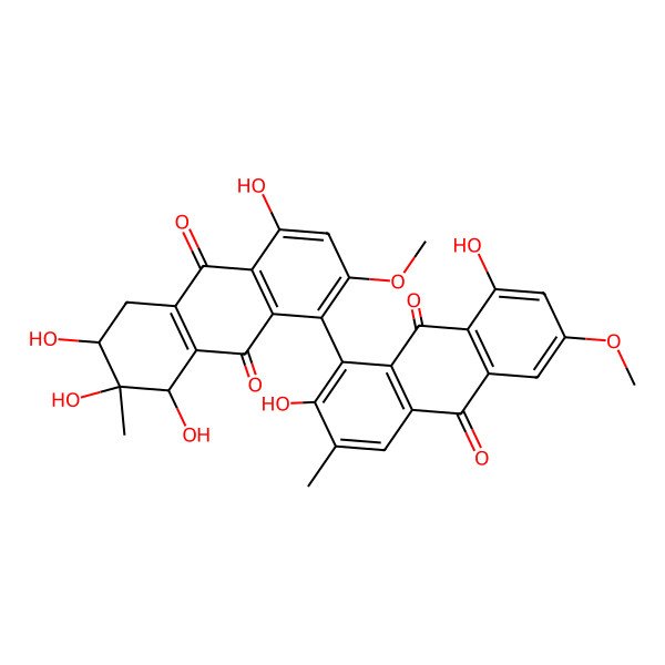 2D Structure of 2,8-dihydroxy-6-methoxy-3-methyl-1-[(6R,7R,8R)-4,6,7,8-tetrahydroxy-2-methoxy-7-methyl-9,10-dioxo-6,8-dihydro-5H-anthracen-1-yl]anthracene-9,10-dione