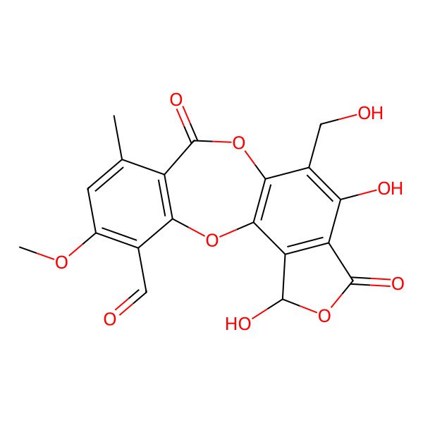 2D Structure of (17S)-13,17-dihydroxy-12-(hydroxymethyl)-5-methoxy-7-methyl-9,15-dioxo-2,10,16-trioxatetracyclo[9.7.0.03,8.014,18]octadeca-1(11),3(8),4,6,12,14(18)-hexaene-4-carbaldehyde