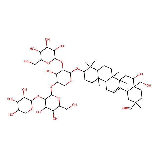 2D Structure of (2S,4aS,5R,6aR,6aS,6bR,8aR,10S,12aR,14bS)-10-[(2S,3R,4S,5S)-5-[(2S,3R,4S,5S,6R)-4,5-dihydroxy-6-(hydroxymethyl)-3-[(2S,3R,4S,5R)-3,4,5-trihydroxyoxan-2-yl]oxyoxan-2-yl]oxy-4-hydroxy-3-[(2S,3R,4S,5S,6R)-3,4,5-trihydroxy-6-(hydroxymethyl)oxan-2-yl]oxyoxan-2-yl]oxy-5-hydroxy-4a-(hydroxymethyl)-2,6a,6b,9,9,12a-hexamethyl-1,3,4,5,6,6a,7,8,8a,10,11,12,13,14b-tetradecahydropicene-2-carbaldehyde
