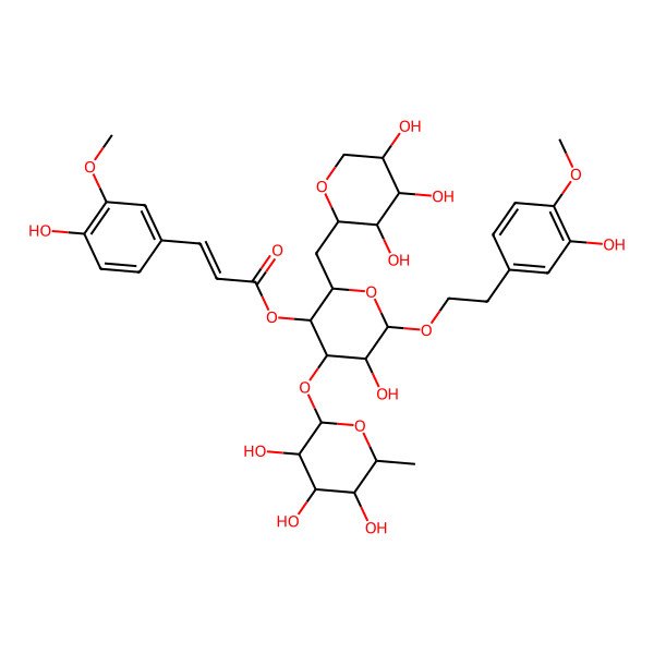 2D Structure of [(2R,3R,4R,5R,6R)-5-hydroxy-6-[2-(3-hydroxy-4-methoxyphenyl)ethoxy]-4-[(2S,3R,4R,5R,6S)-3,4,5-trihydroxy-6-methyloxan-2-yl]oxy-2-[[(2R,3R,4S,5S)-3,4,5-trihydroxyoxan-2-yl]methyl]oxan-3-yl] (E)-3-(4-hydroxy-3-methoxyphenyl)prop-2-enoate
