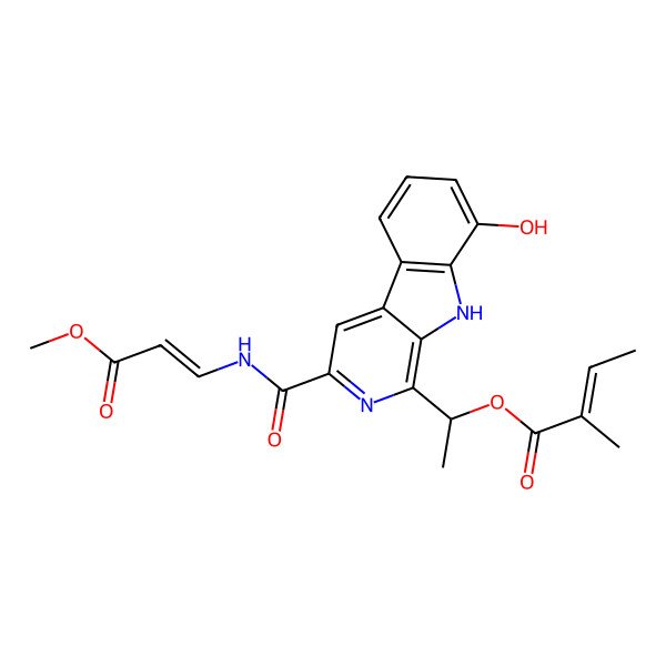 2D Structure of [(1S)-1-[8-hydroxy-3-[[(Z)-3-methoxy-3-oxoprop-1-enyl]carbamoyl]-9H-pyrido[3,4-b]indol-1-yl]ethyl] (Z)-2-methylbut-2-enoate