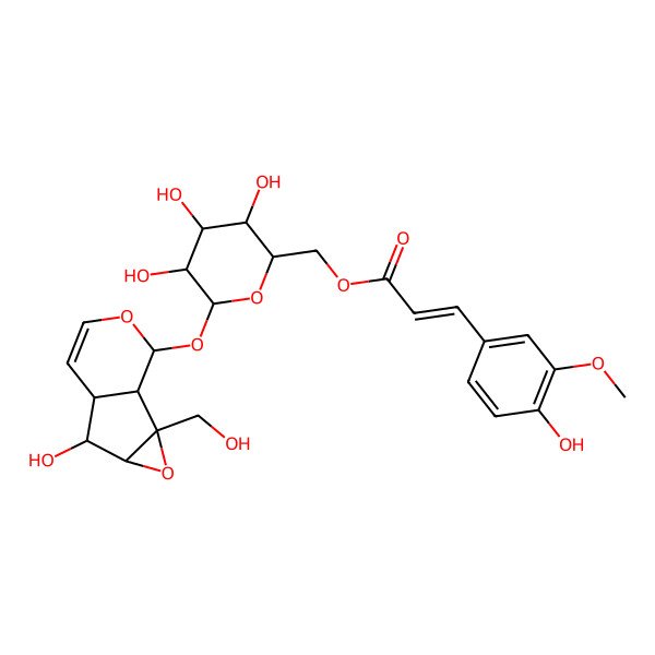 2D Structure of [(2S,3R,4S,5S,6R)-3,4,5-trihydroxy-6-[[(1S,2S,4S,5S,6R,10S)-5-hydroxy-2-(hydroxymethyl)-3,9-dioxatricyclo[4.4.0.02,4]dec-7-en-10-yl]oxy]oxan-2-yl]methyl (E)-3-(4-hydroxy-3-methoxyphenyl)prop-2-enoate