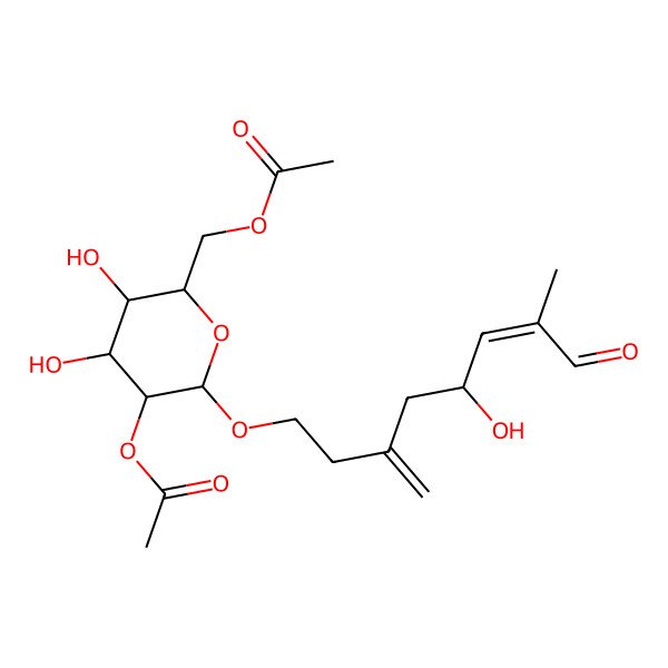 2D Structure of [(2R,3S,4S,5R,6R)-5-acetyloxy-3,4-dihydroxy-6-[(E,5R)-5-hydroxy-7-methyl-3-methylidene-8-oxooct-6-enoxy]oxan-2-yl]methyl acetate