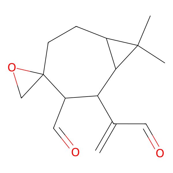 2D Structure of (1S,2R,3R,4S,7S)-8,8-dimethyl-2-(3-oxoprop-1-en-2-yl)spiro[bicyclo[5.1.0]octane-4,2'-oxirane]-3-carbaldehyde