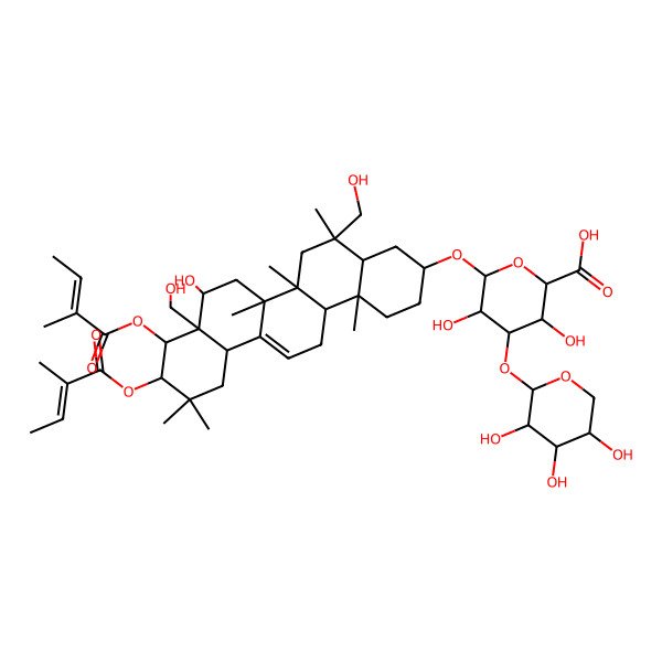 2D Structure of 3,5-Dihydroxy-6-[[8-hydroxy-5,8a-bis(hydroxymethyl)-5,6a,6b,11,11,14b-hexamethyl-9,10-bis(2-methylbut-2-enoyloxy)-1,2,3,4,4a,6,7,8,9,10,12,12a,14,14a-tetradecahydropicen-3-yl]oxy]-4-(3,4,5-trihydroxyoxan-2-yl)oxyoxane-2-carboxylic acid
