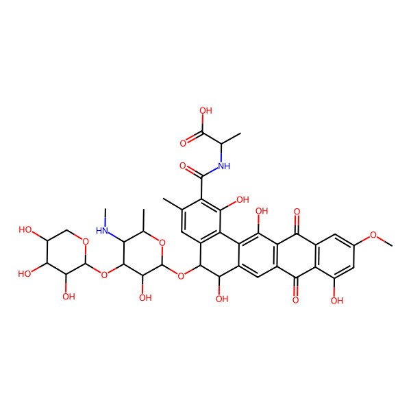 2D Structure of 2-[[(5S,6S)-1,6,9,14-tetrahydroxy-5-[(2S,3R,4S,5S,6R)-3-hydroxy-6-methyl-5-(methylamino)-4-[(2S,3R,4S,5R)-3,4,5-trihydroxytetrahydropyran-2-yl]oxy-tetrahydropyran-2-yl]oxy-11-methoxy-3-methyl-8,13-dioxo-5,6-dihydrobenzo[a]tetracene-2-carbonyl]amino]propanoic acid