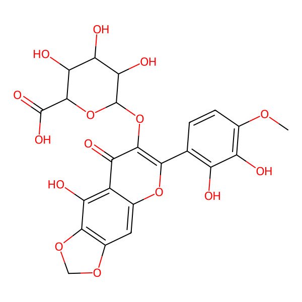 2D Structure of (2S,3S,4S,5R,6S)-6-[[6-(2,3-dihydroxy-4-methoxyphenyl)-9-hydroxy-8-oxo-[1,3]dioxolo[4,5-g]chromen-7-yl]oxy]-3,4,5-trihydroxyoxane-2-carboxylic acid